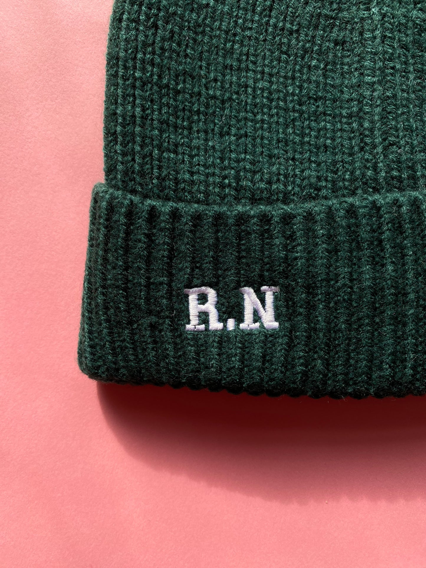 R.N Initials Embroidered Beanie Hat - Forest Green SALE