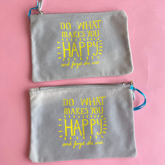 Do what Makes You Happy Grey Medium Make Up Bag - Yellow Text - SALE
