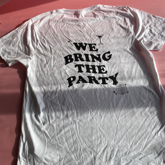 XL We Bring The Party White T-shirt - Vinyl Misprint - SALE