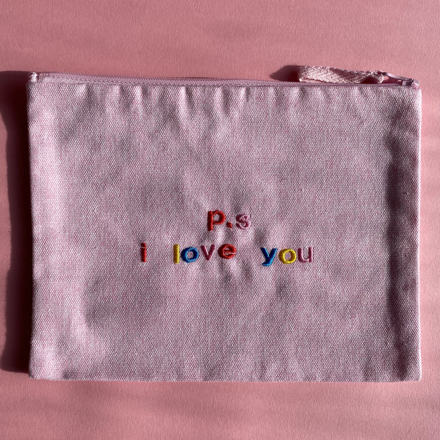 P.S I Love You Embroidered Pink Medium Make Up Bag - SALE