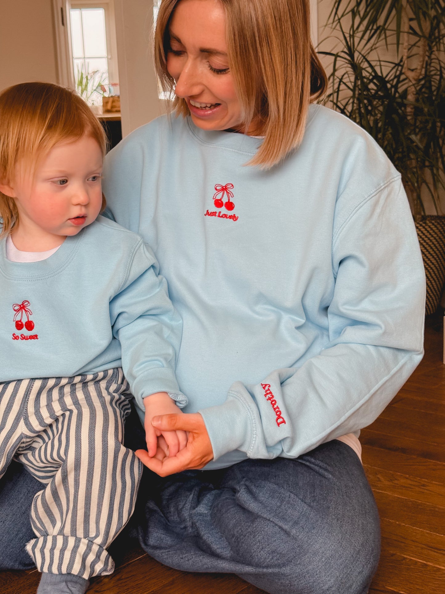 Embroidered Cherry Adult and Child Sweatshirt Set
