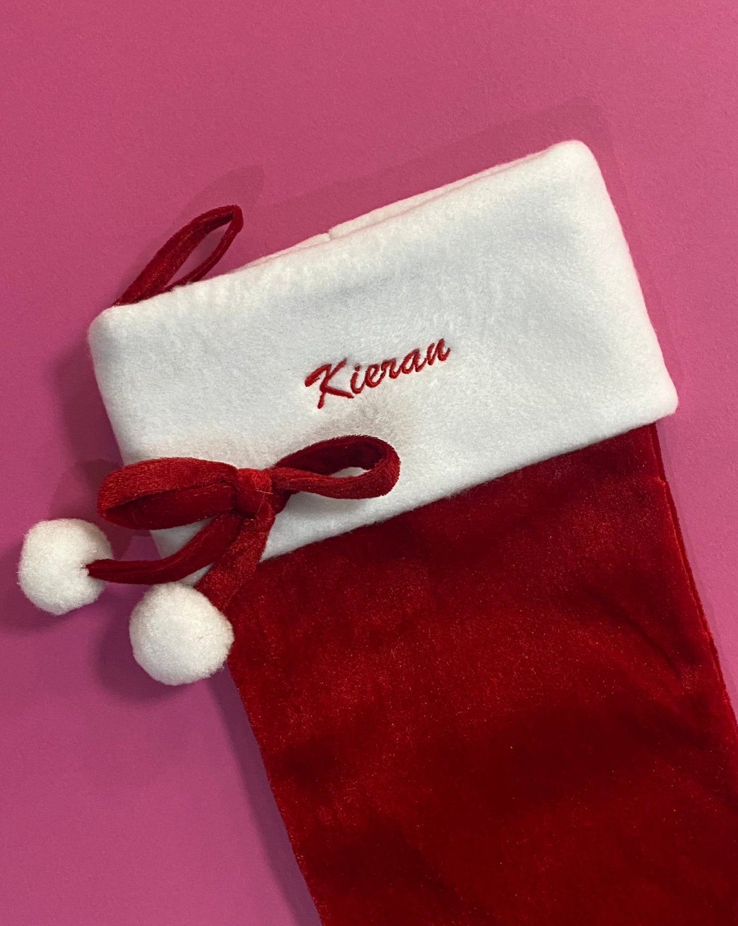 Personalised Embroidered Red Velvet Look Stocking