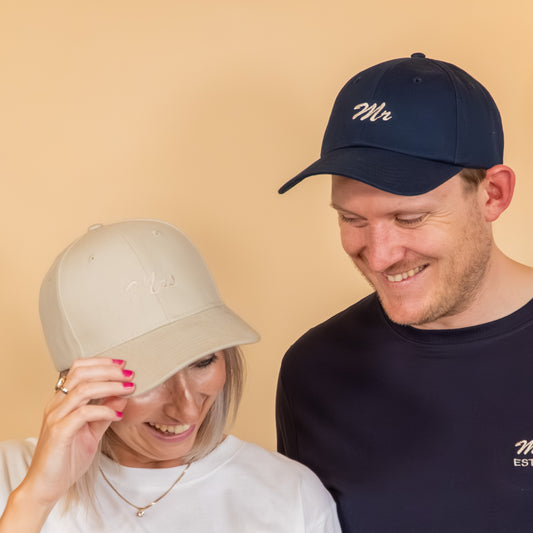 Mr and Mrs Embroidered Matching Cap Set