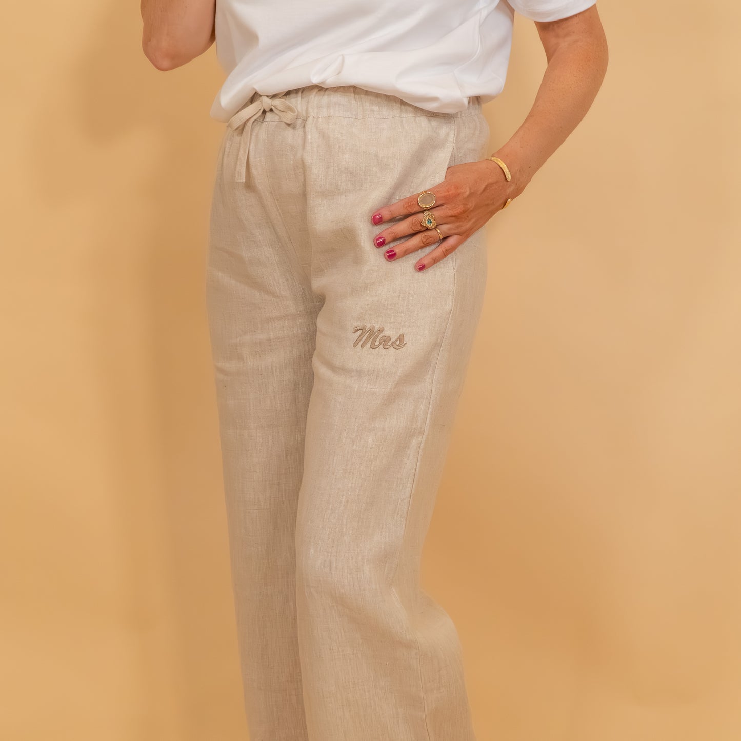 Mrs Embroidered Linen Long Pants