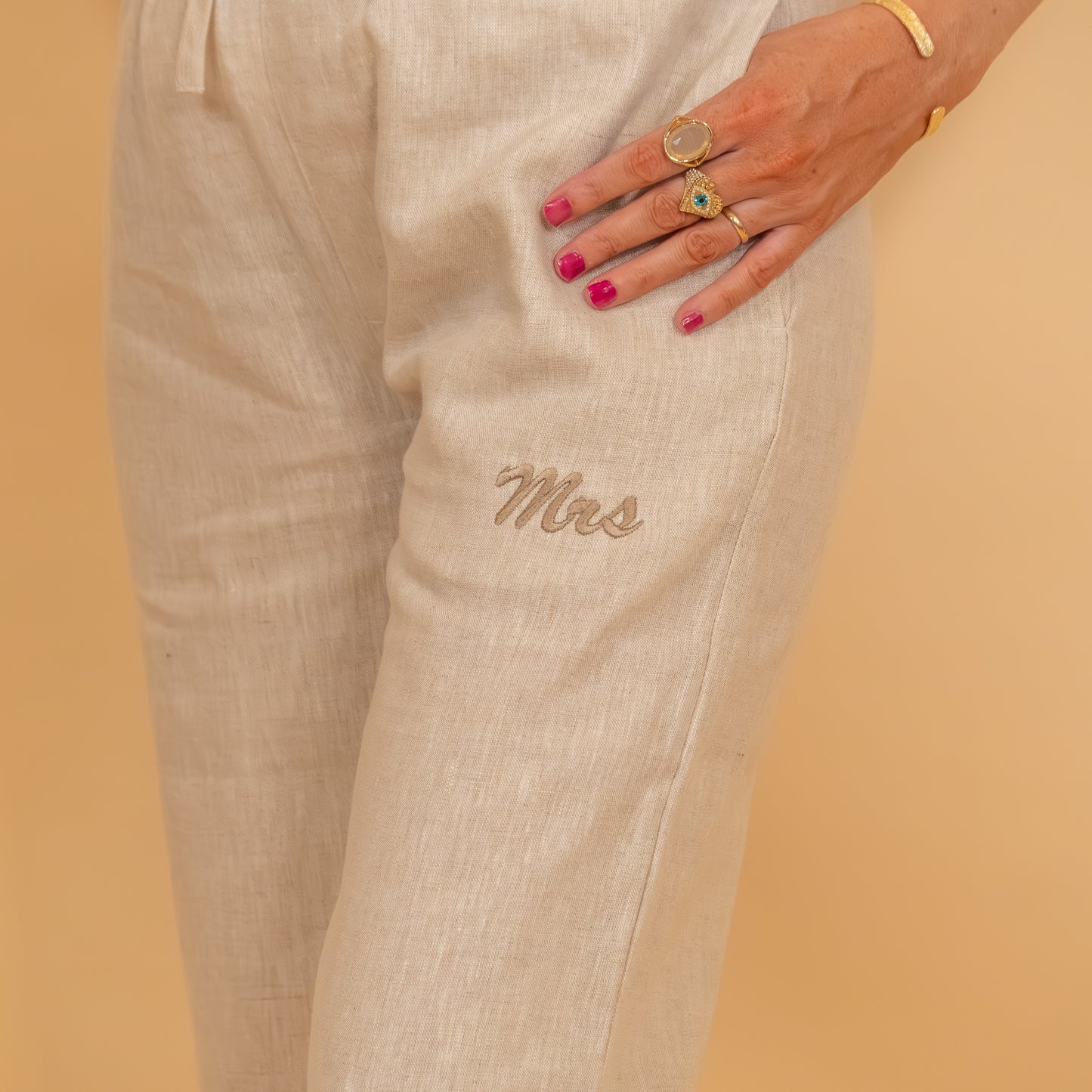 Mrs Embroidered Linen Long Pants