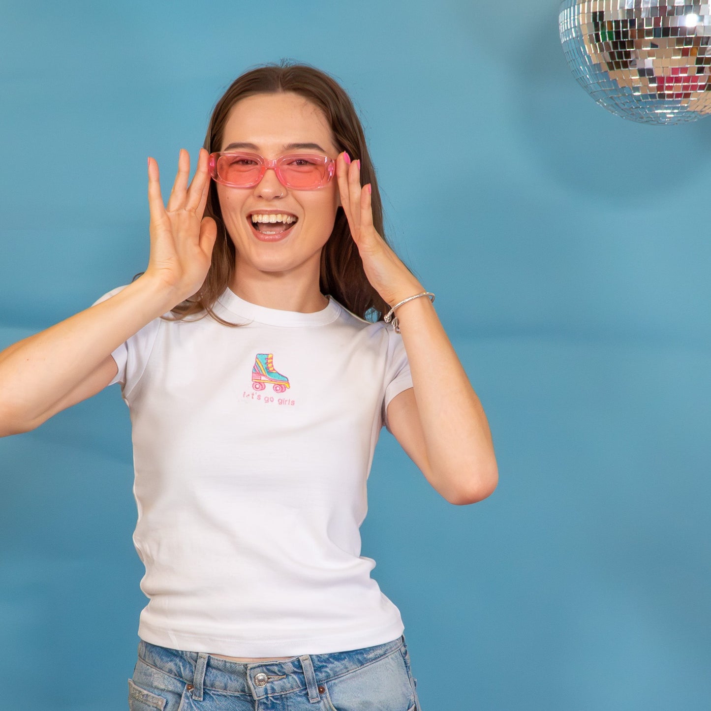 Let's Go Girls Slogan Roller Skate Cropped Baby Tee