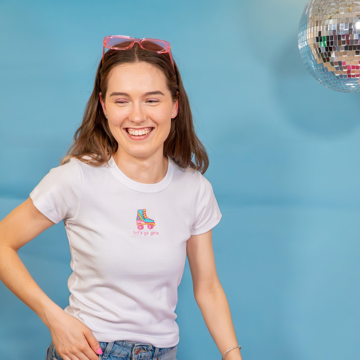 Let's Go Girls Slogan Roller Skate Cropped Baby Tee