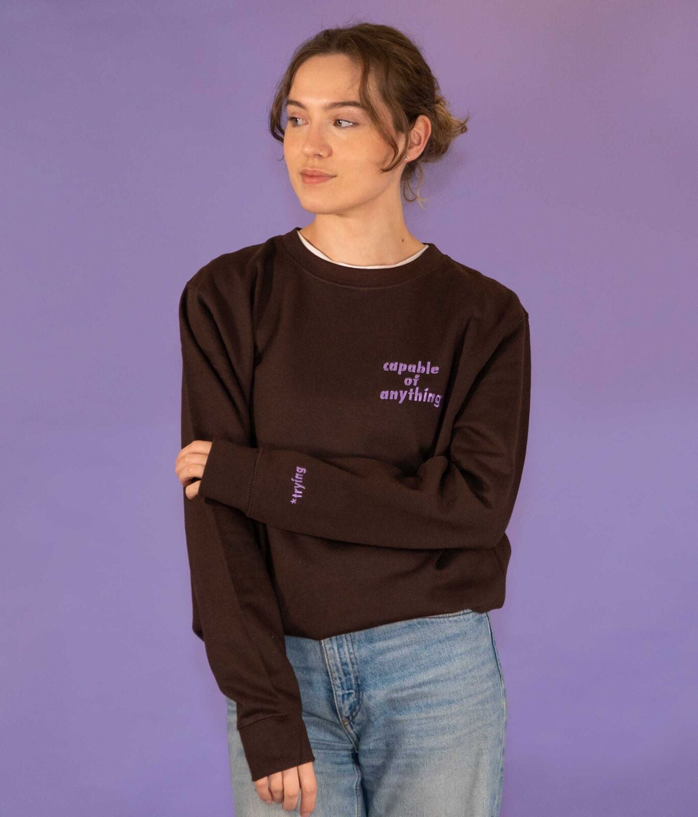 Capable of Anything Embroidered Slogan Sweatshirt
