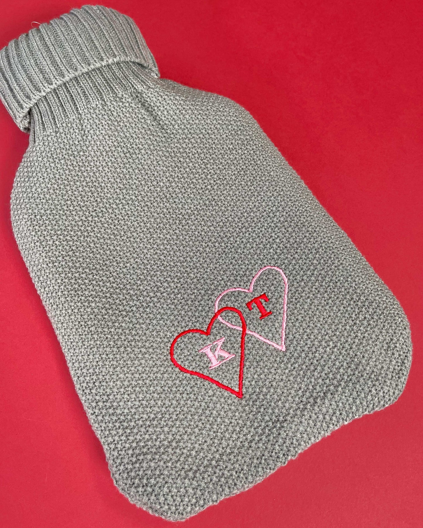 Double Heart Initials Knitted Hot Water Bottle