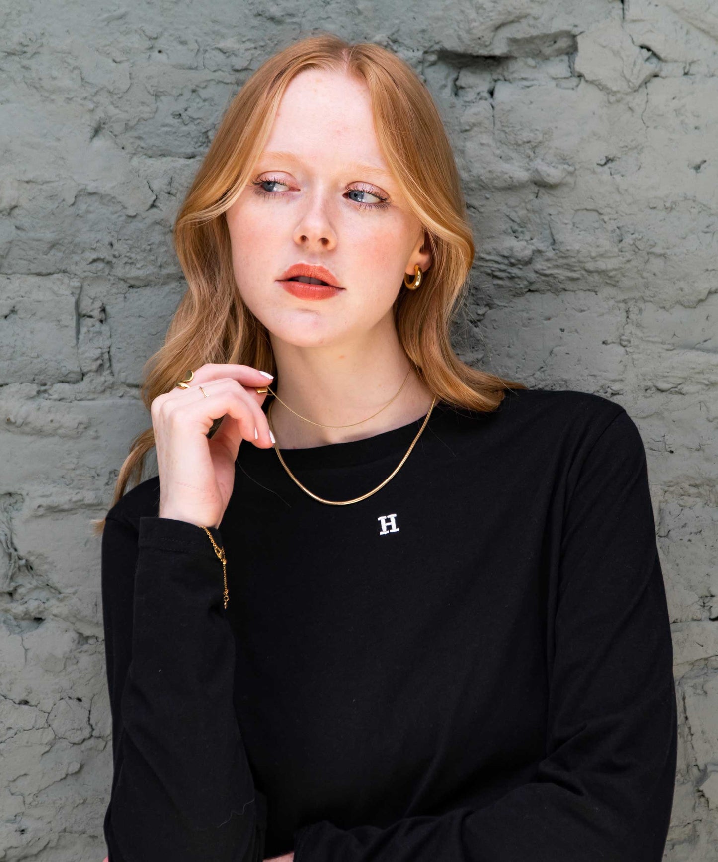 Embroidered Mini Neck Initial Long Sleeved T-shirt