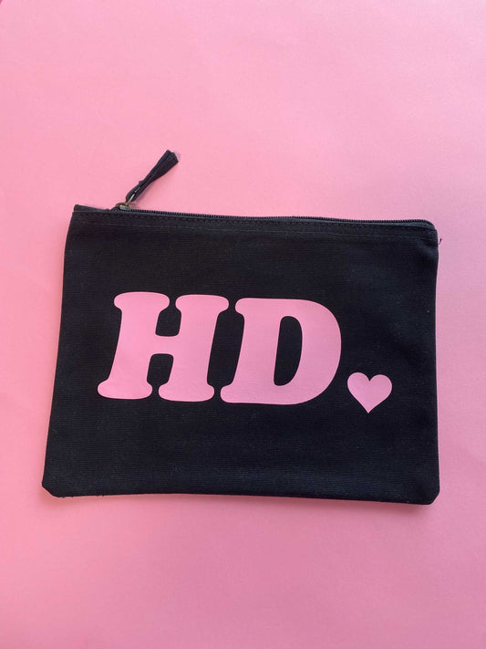HD Retro Initials and Heart Black Medium Make Up Bag - Pale Pink Text - SALE