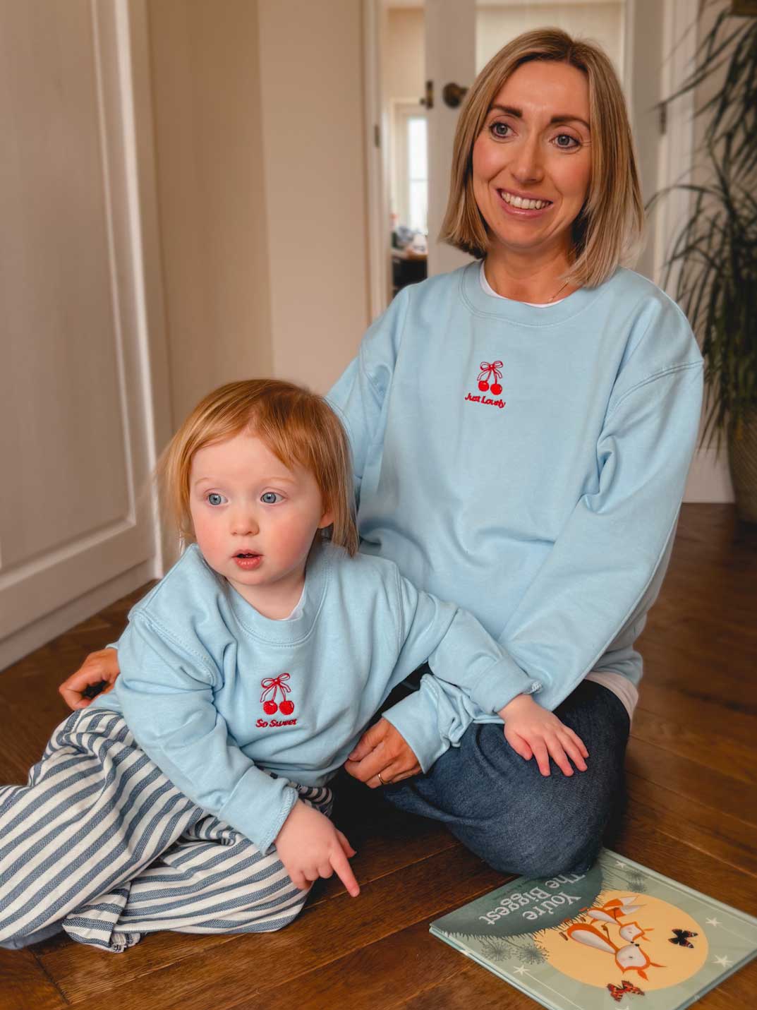 Embroidered Cherry Adult and Child Sweatshirt Set