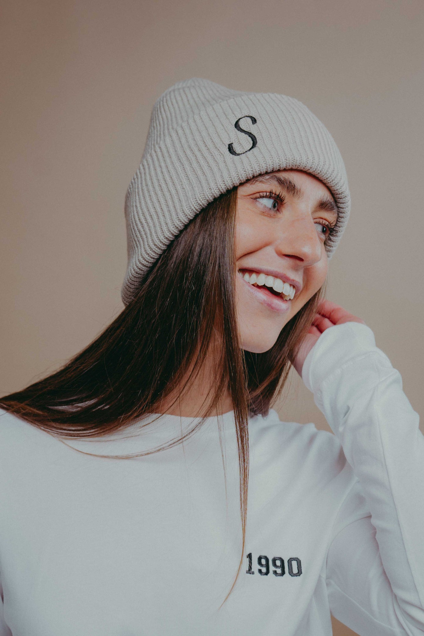 Personalised Serif Initial Embroidered Beanie Hat with Deep Cuff