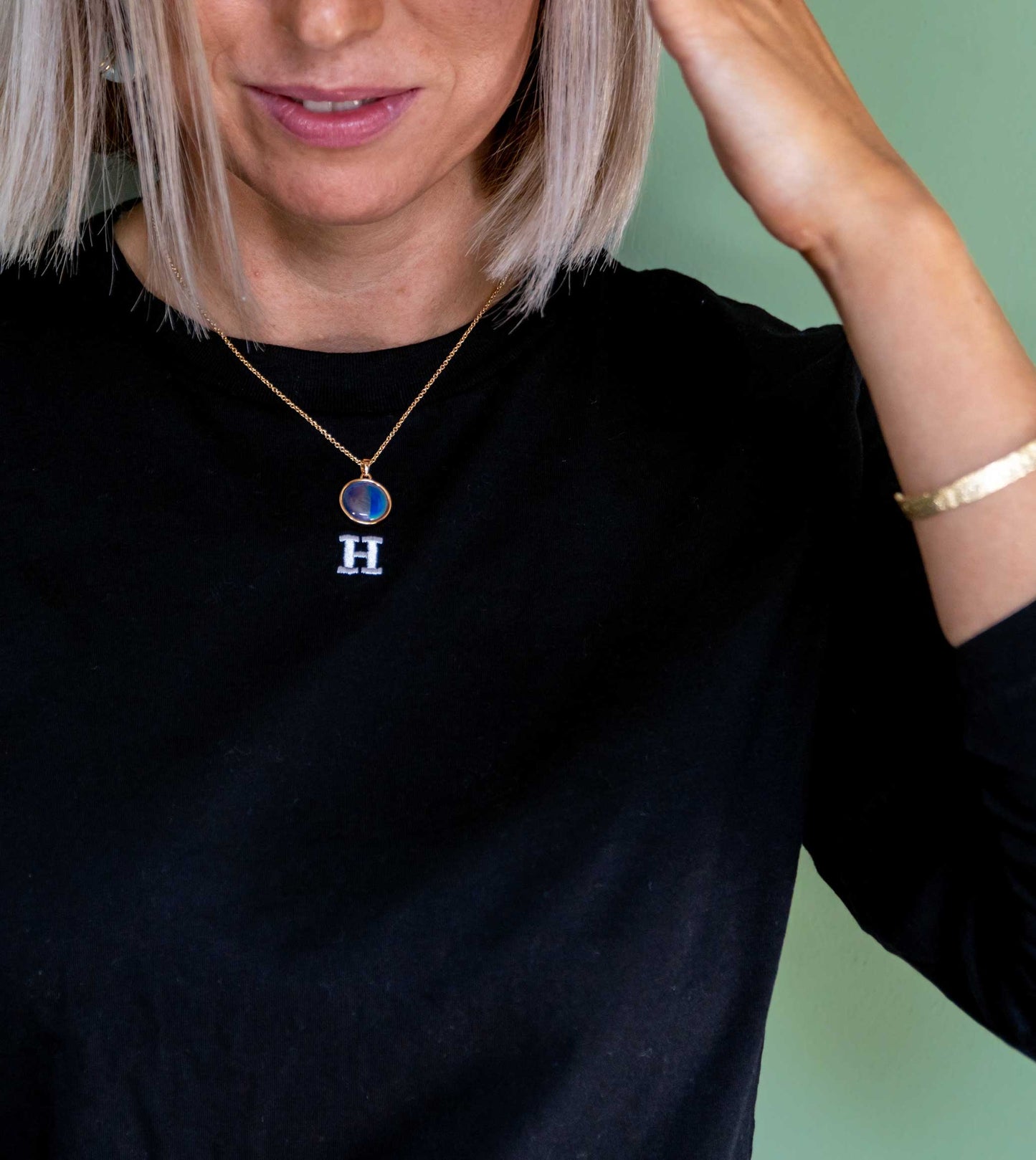 Embroidered Mini Neck Initial Long Sleeved T-shirt
