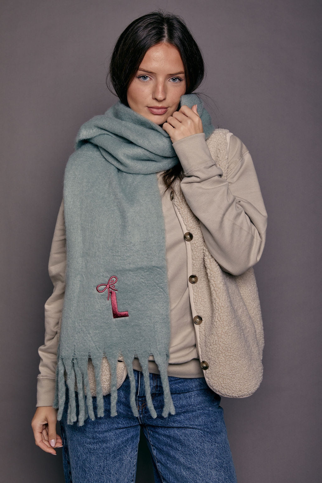 Embroidered Personalised Bow Initial Scarf