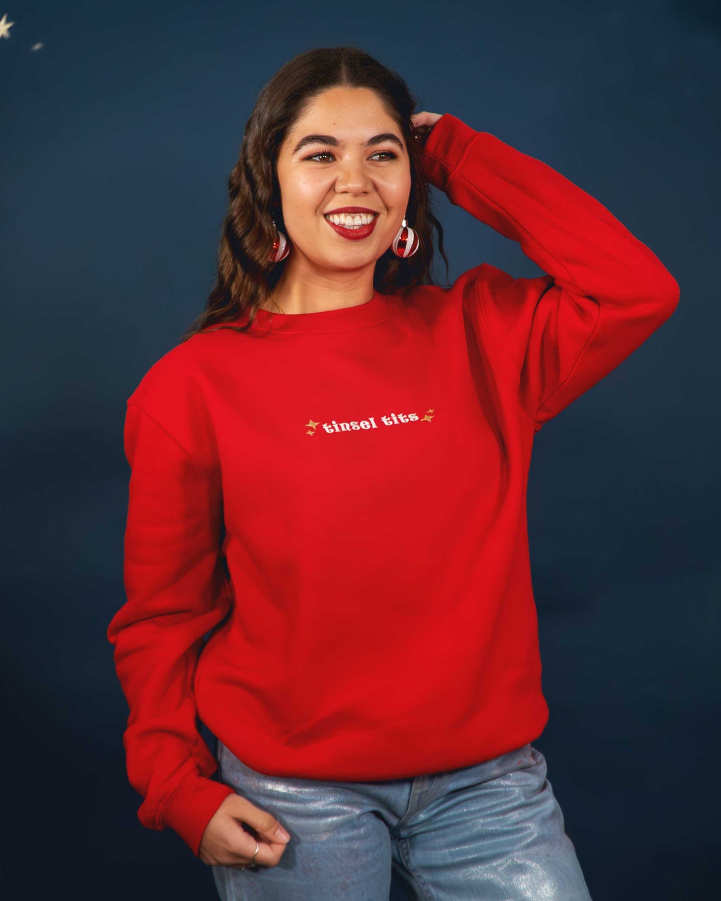Embroidered Tinsel Tits Slogan Christmas Jumper