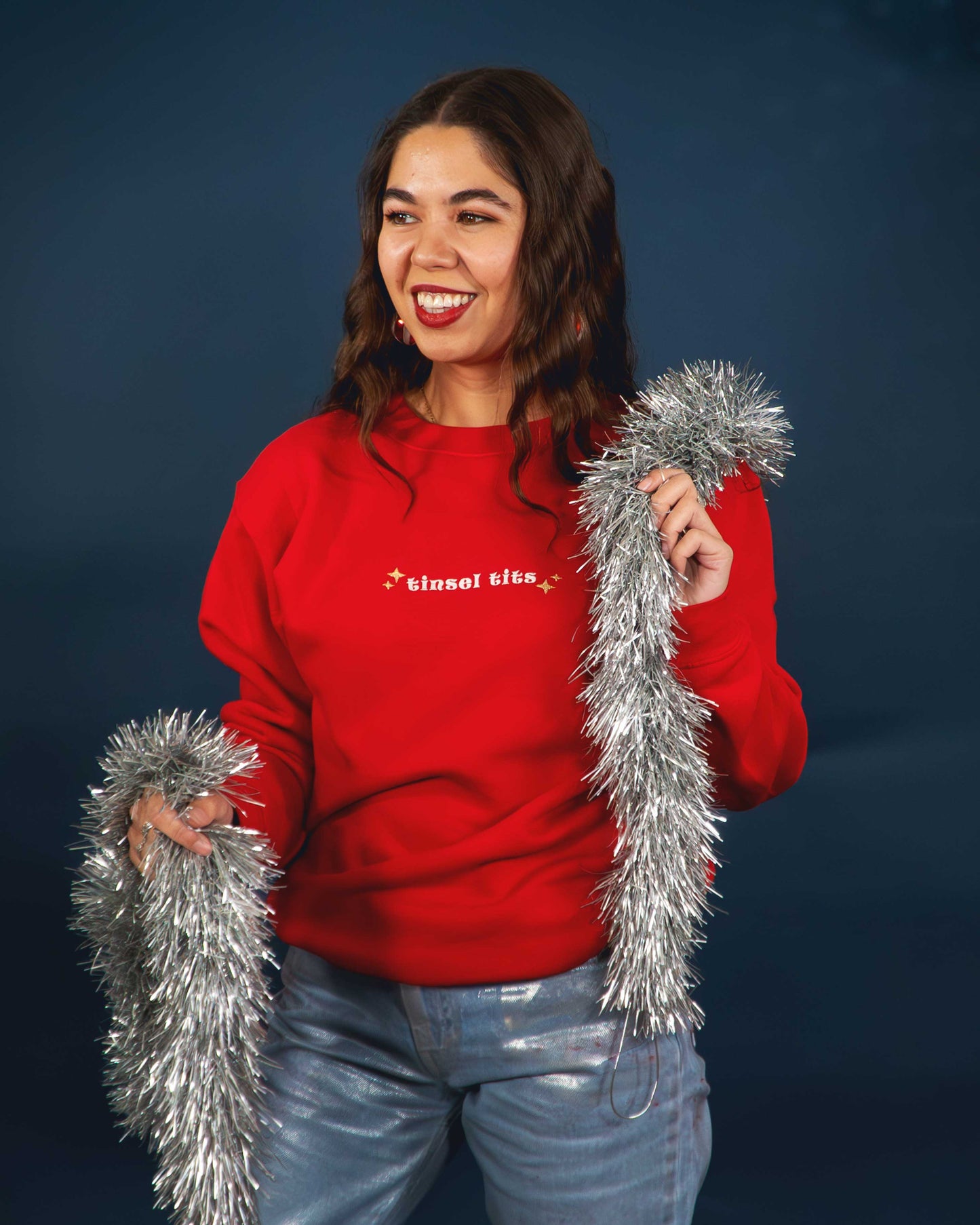 Embroidered Tinsel Tits Slogan Christmas Jumper