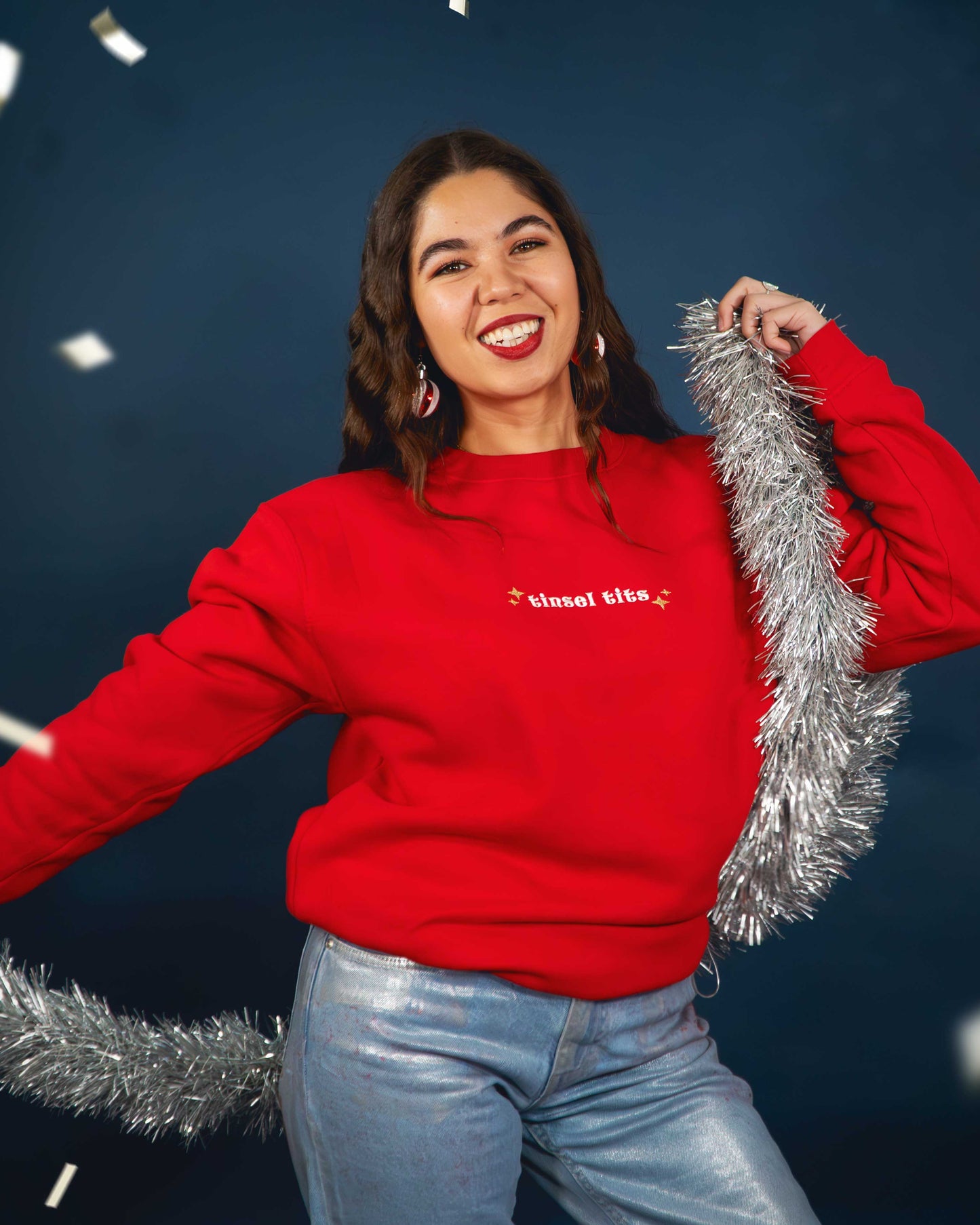 Embroidered Tinsel Tits Slogan Christmas Jumper