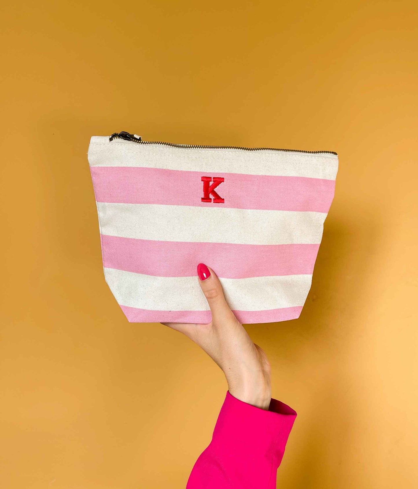 Embroidered Initial Striped Make Up Bag