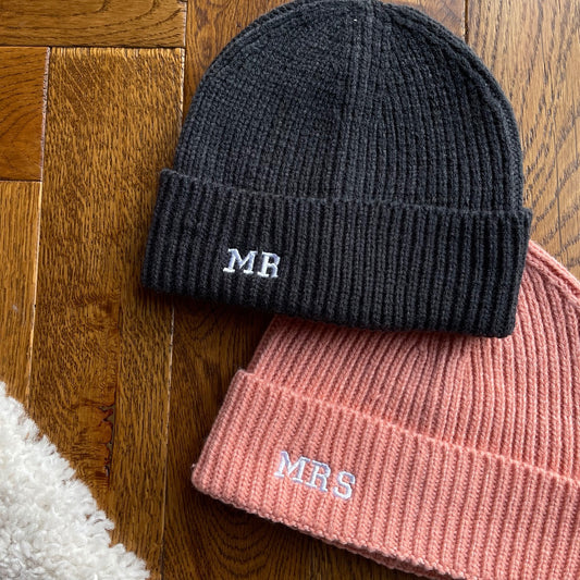 Mr Mrs Embroidered Beanie Hat Set