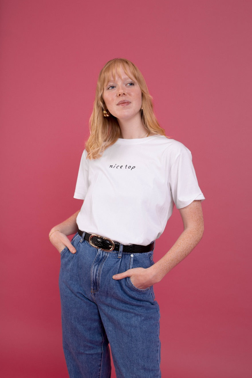 XS White "Nice Top" Slogan T-Shirt – small mark