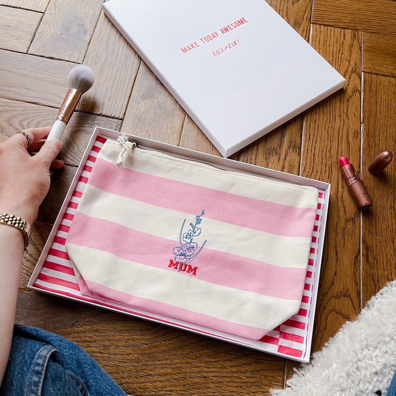 Personalised Birth Flower Striped Make Up Bag