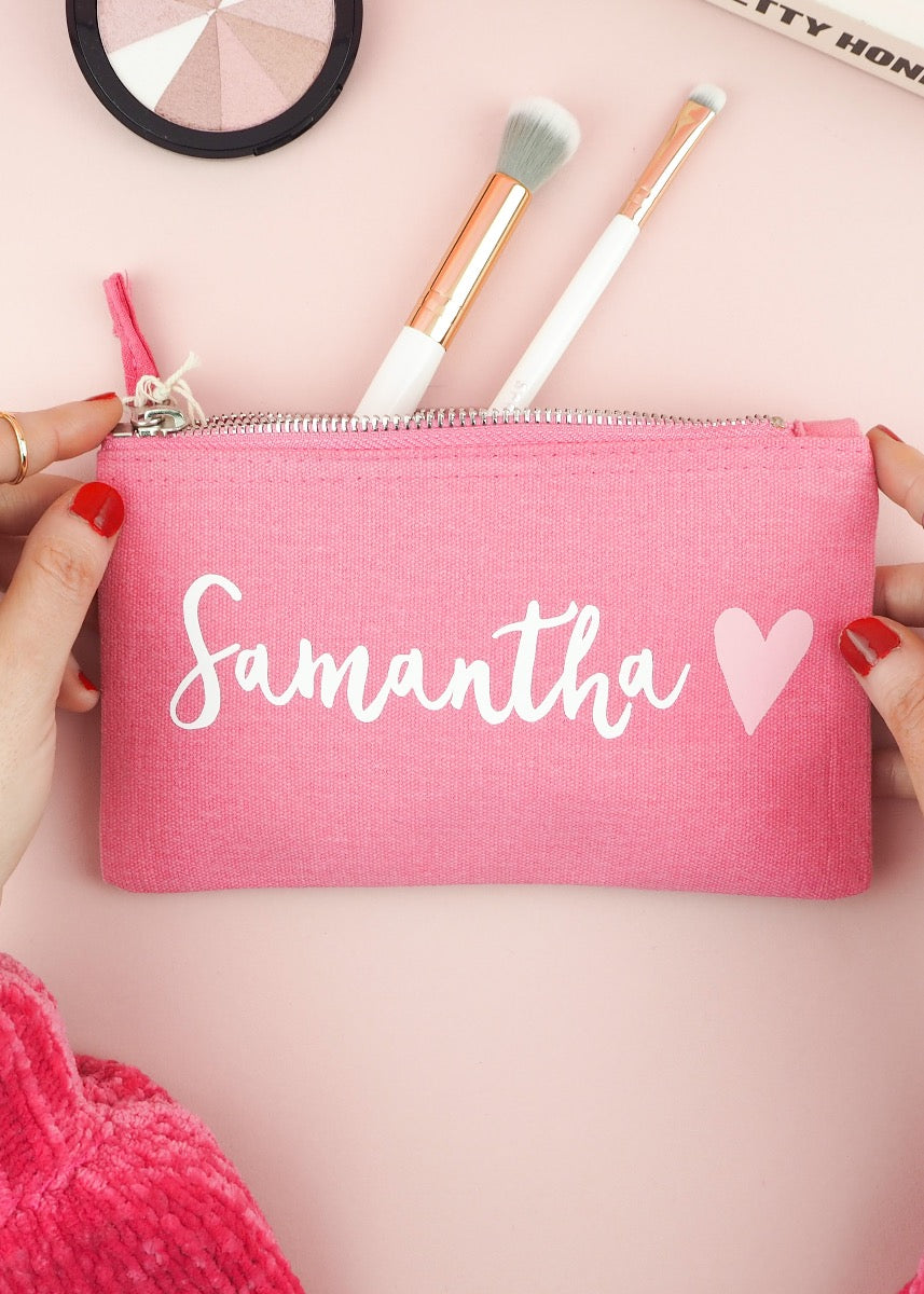 Personalised Pink Heart Make Up Bag