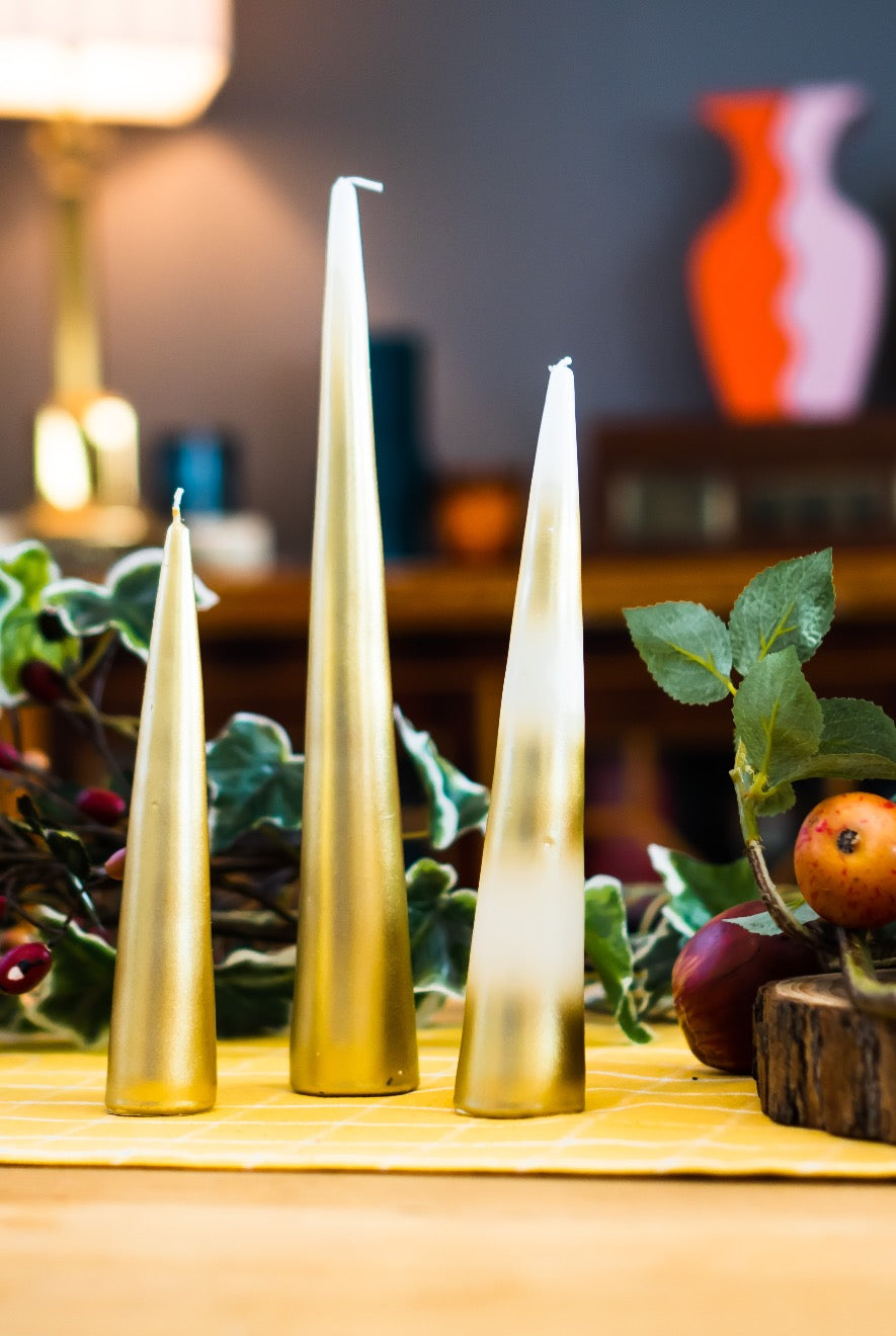 Set Of Three Gold Cone Candles