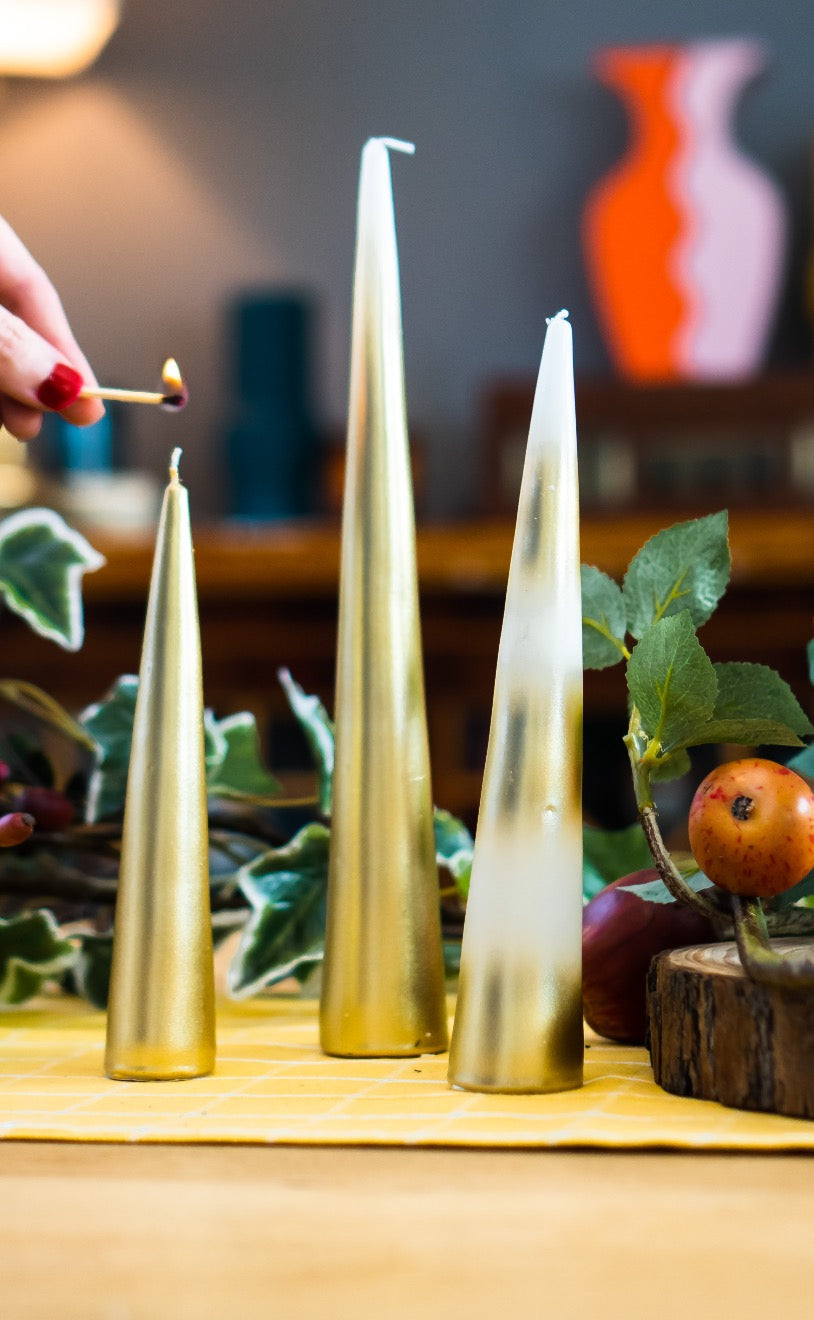 Set Of Three Gold Cone Candles