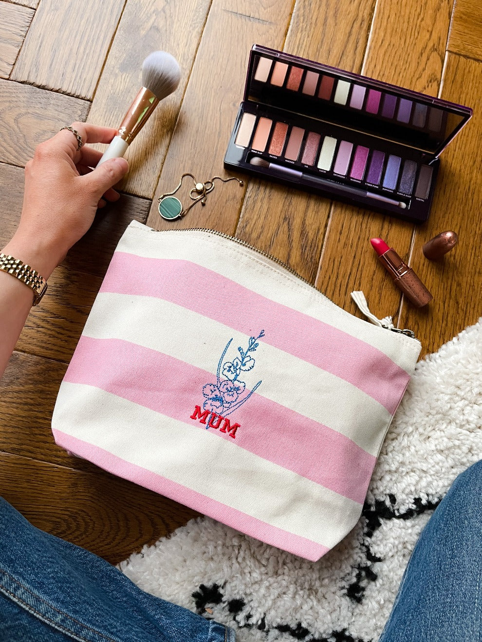 Personalised Birth Flower Striped Make Up Bag