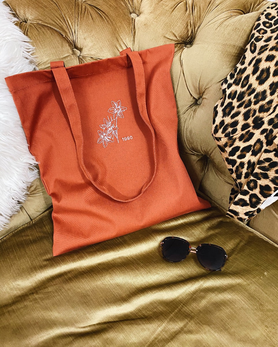 Embroidered Birth Flower Tote Bag