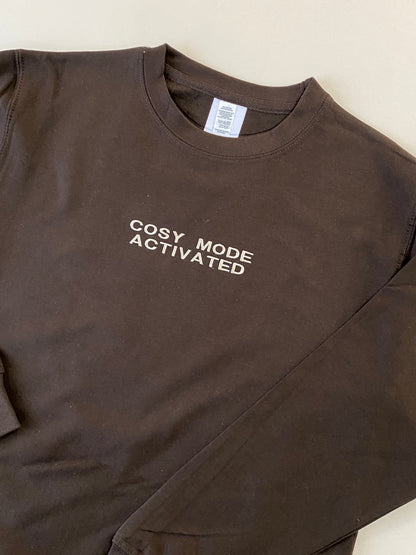 Brown sweatshirt with 'Cosy Mode Activated' embroidered text on a beige background