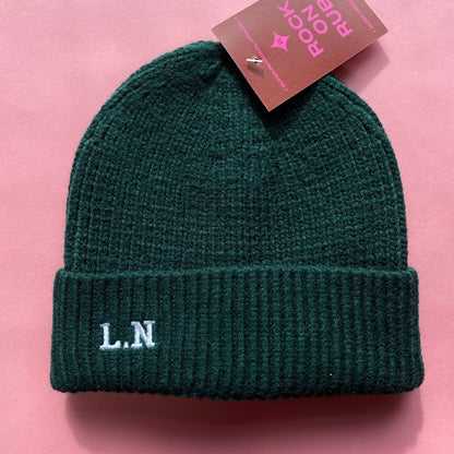 L.N Initials Embroidered Beanie Hat - Forest Green SALE
