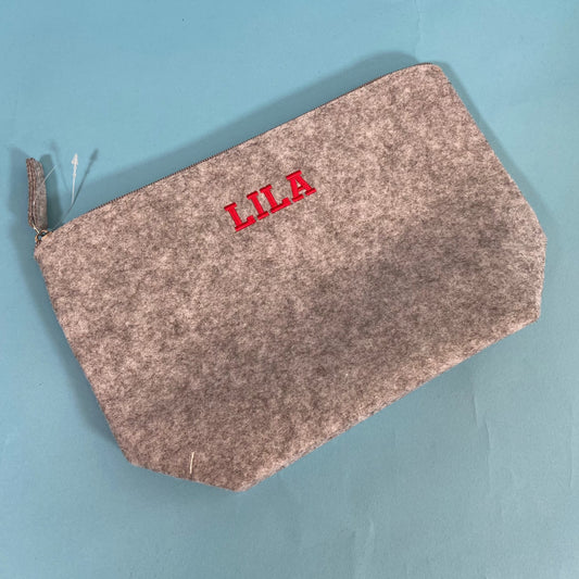 Lila Red Embroidered - Grey Felt Make Up Bag - SALE