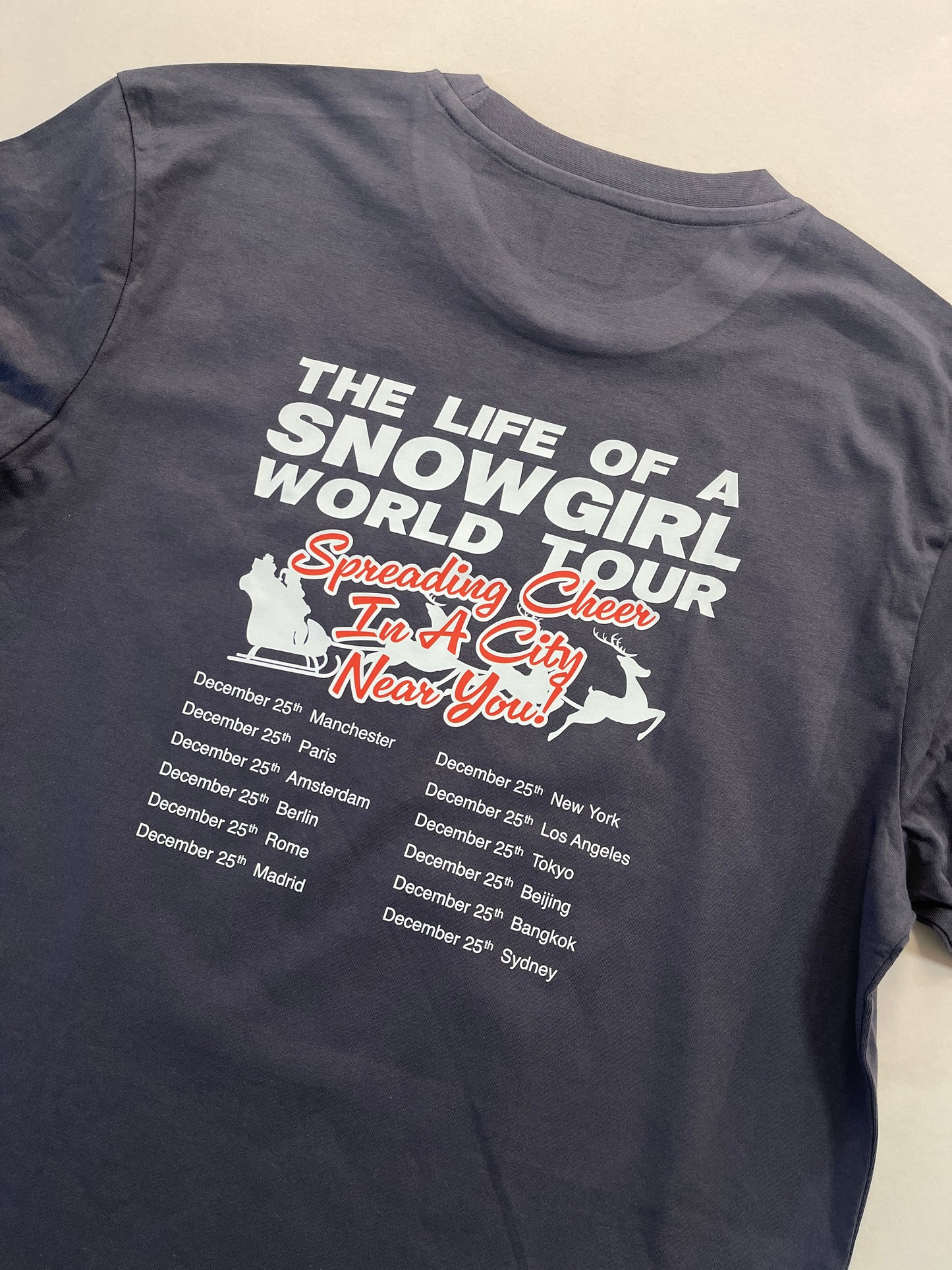 Charcoal grey t shirt with 'the life of a snowgirl world tour' slogan and tour dates on the back