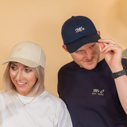 Mr and Mrs Embroidered Matching Cap Set