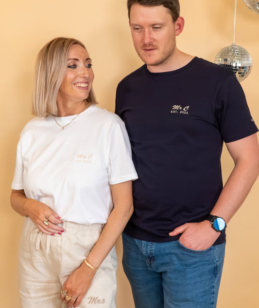Mr and Mrs Est Year Personalised Embroidered Matching T shirt Set