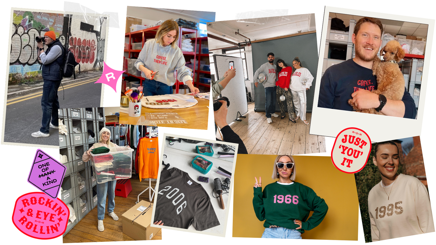 Collage of images showing Rock On Ruby photoshoots and office behind the scenes