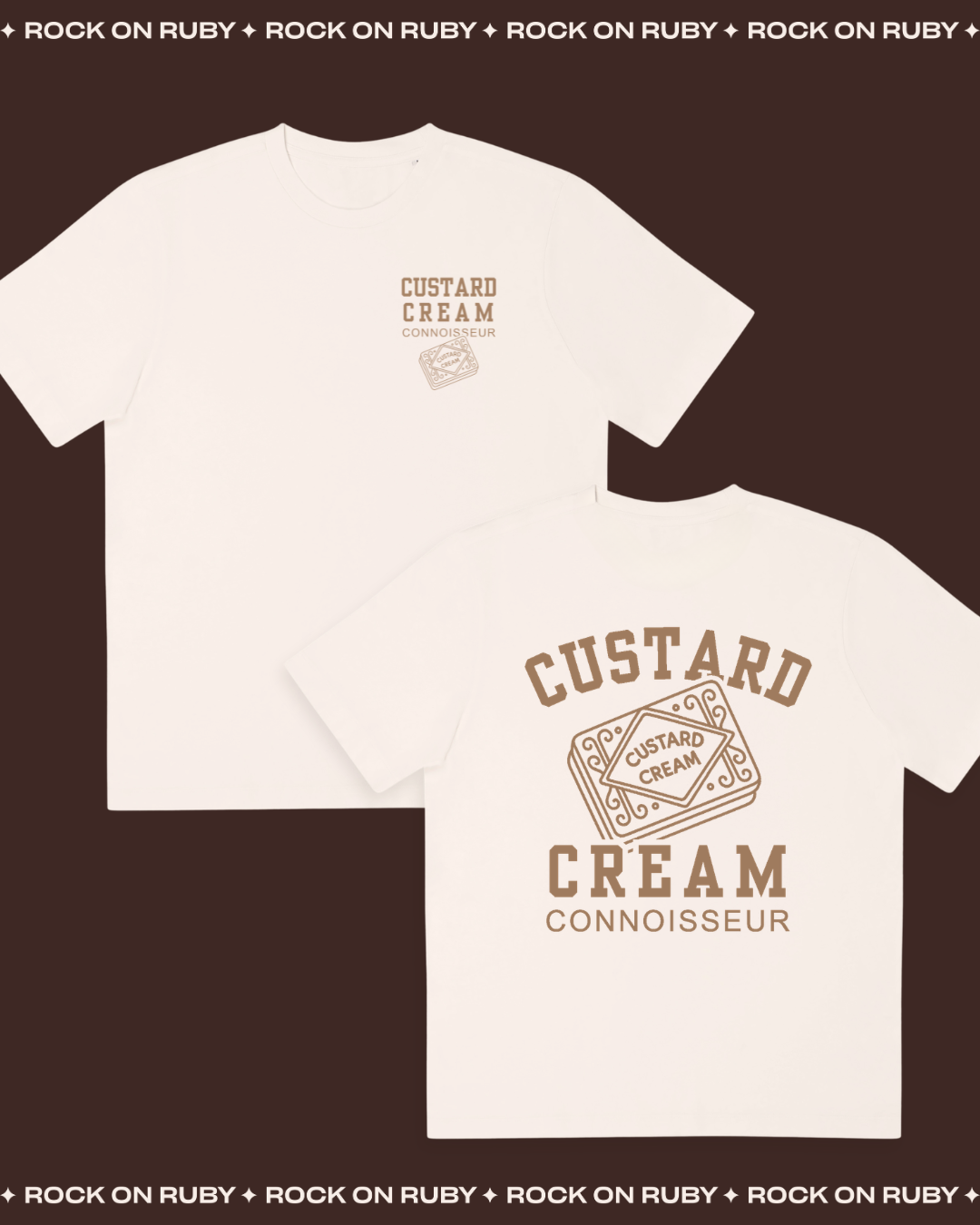 Cream t-shirt with 'Custard Cream Connoisseur' design on a brown background