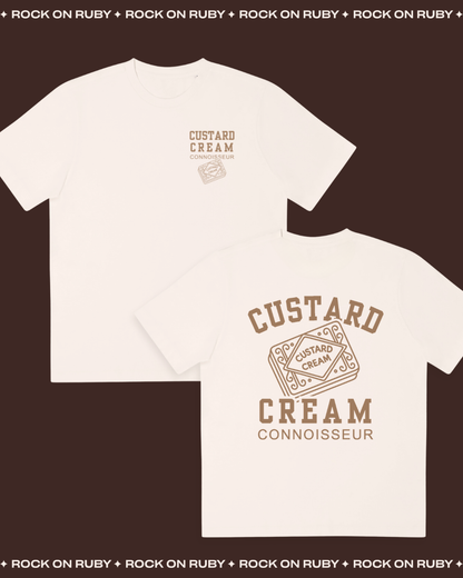 Cream t-shirt with 'Custard Cream Connoisseur' design on a brown background
