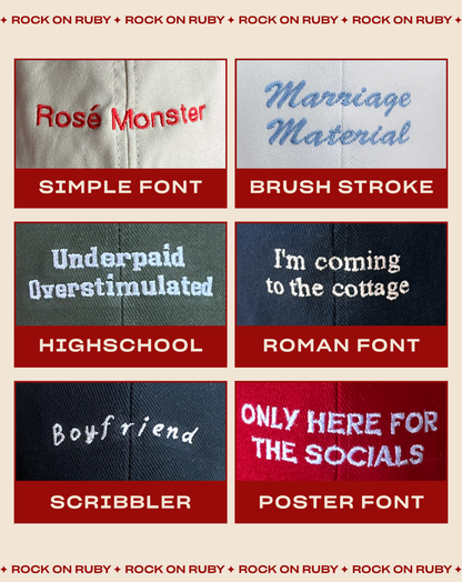Collection of embroidered text on caps with different fonts and styles.