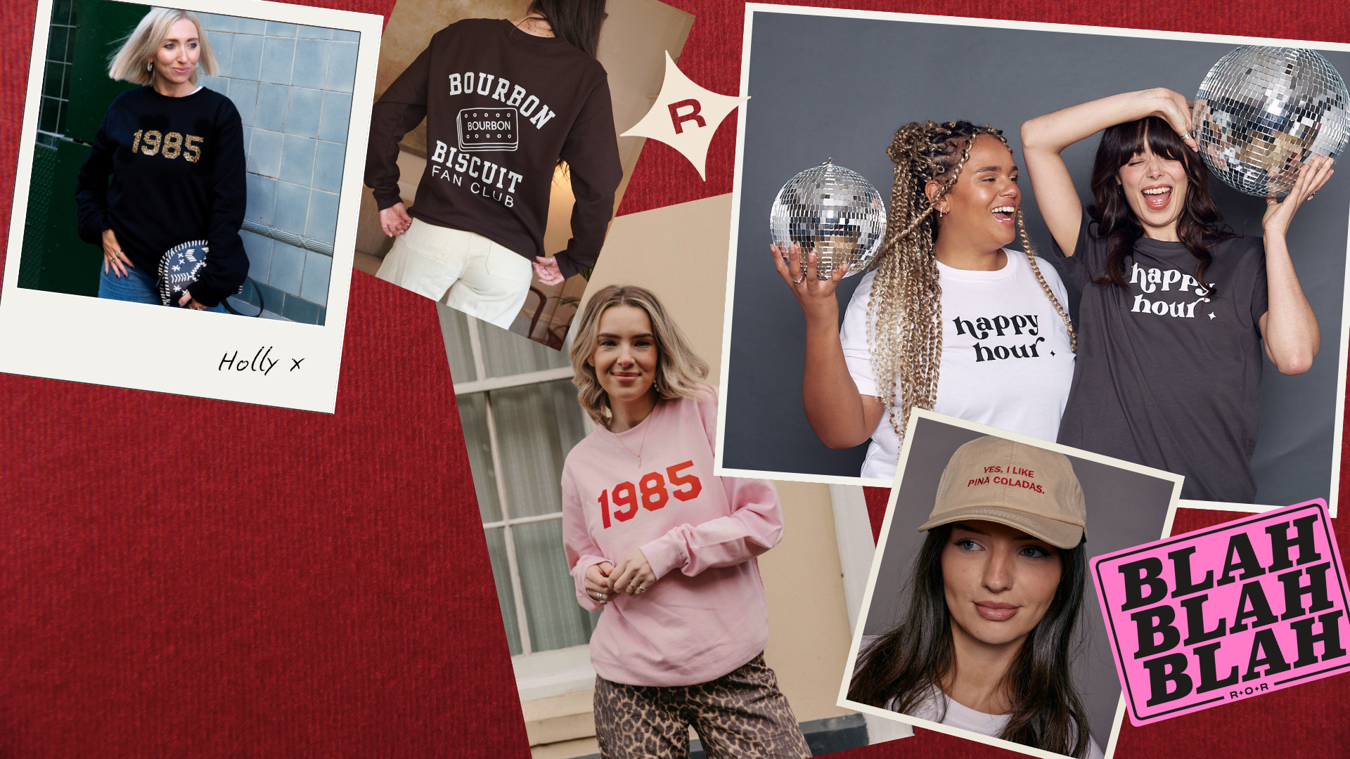 Collage of people wearing various Rock On Ruby t-shirts with different designs and text on a red background.