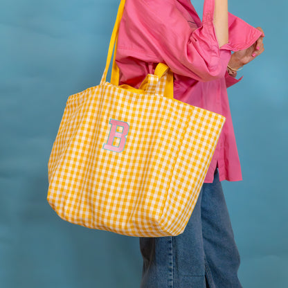 Personalised Varsity Initial Yellow Gingham Tote Bag