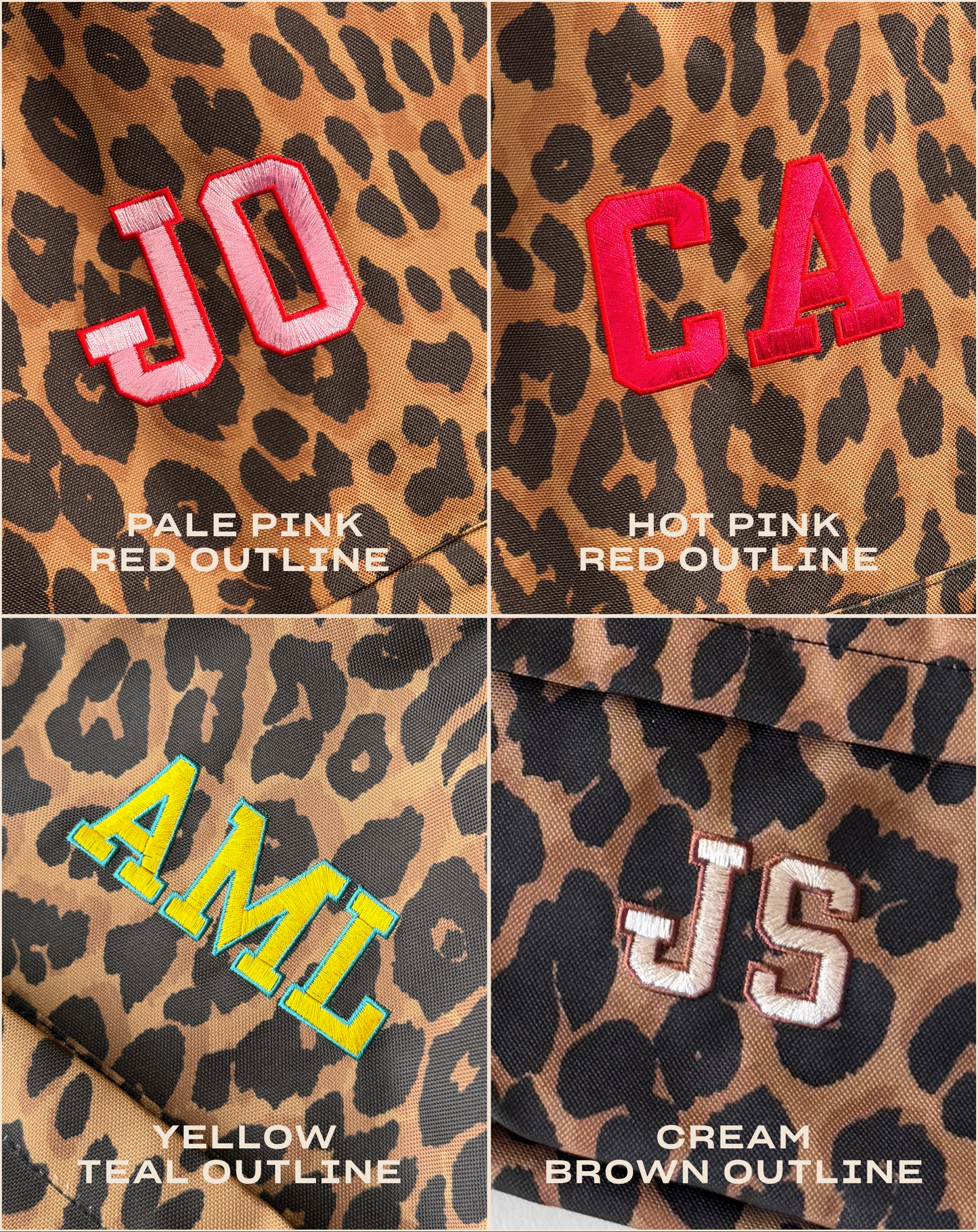 Four-panel close-up of leopard-print fabric showing embroidered letter patches in different color options: pale pink with red outline, hot pink with red outline, yellow with teal outline, and cream with brown outline. 