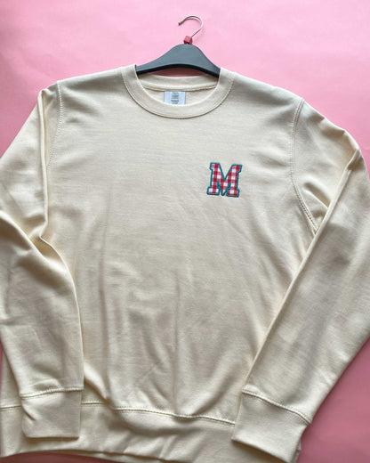 SMALL Gingham Patchwork M Initial Cream Standard Sweatshirt SALE
