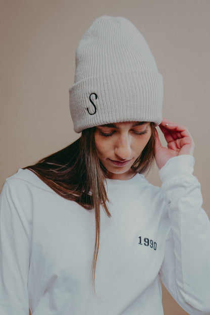 Personalised Serif Initial Embroidered Beanie Hat with Deep Cuff