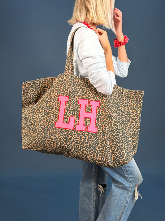 Oversized Personalised Initial Leopard Print Tote Bag