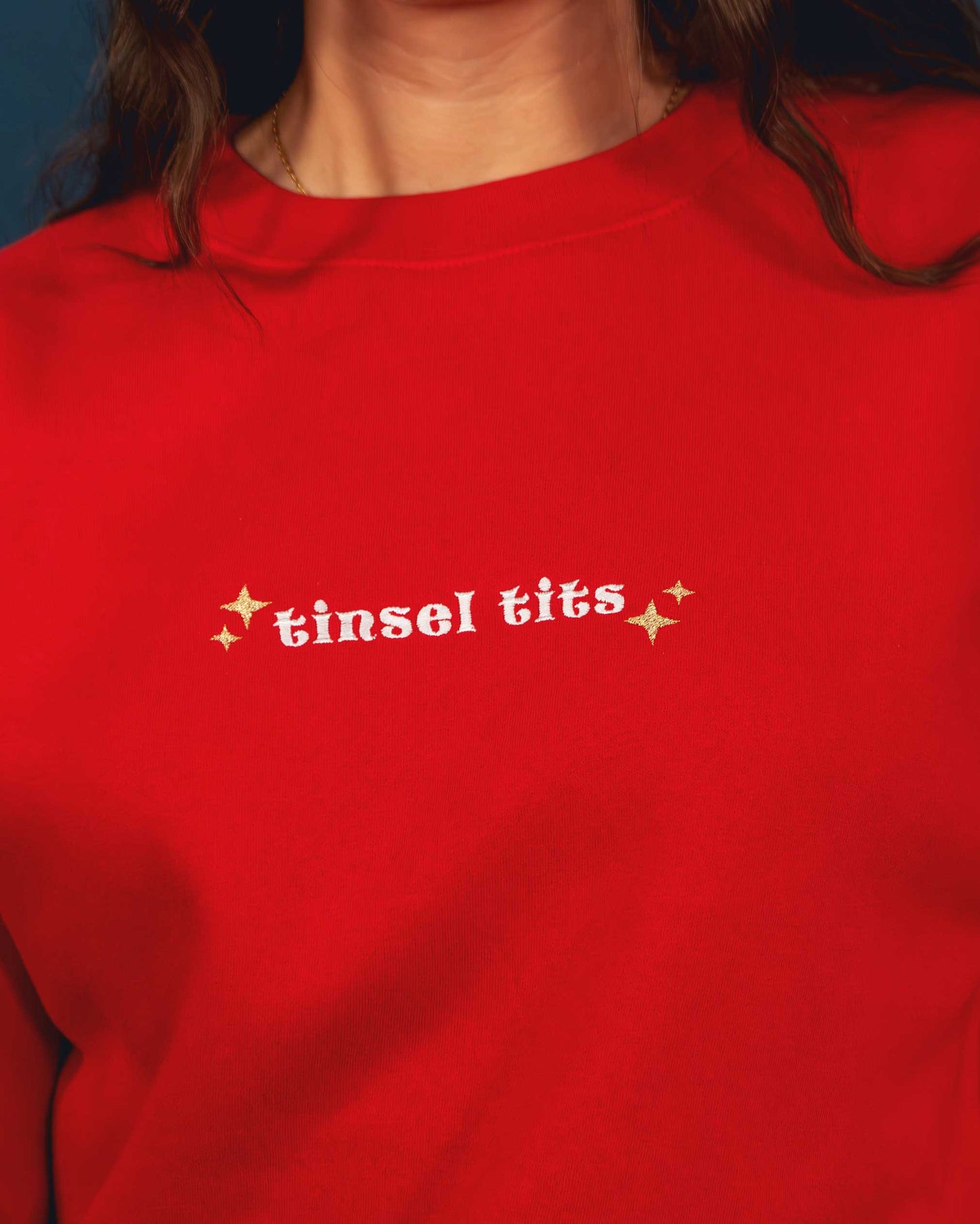 Embroidered Tinsel Tits Slogan Christmas Jumper