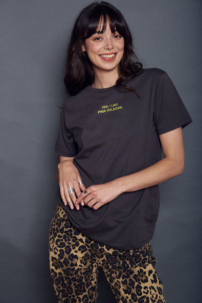 Embroidered Slogan 'Yes I Like Pina Coladas' T-Shirt in Charcoal by Rock On Ruby