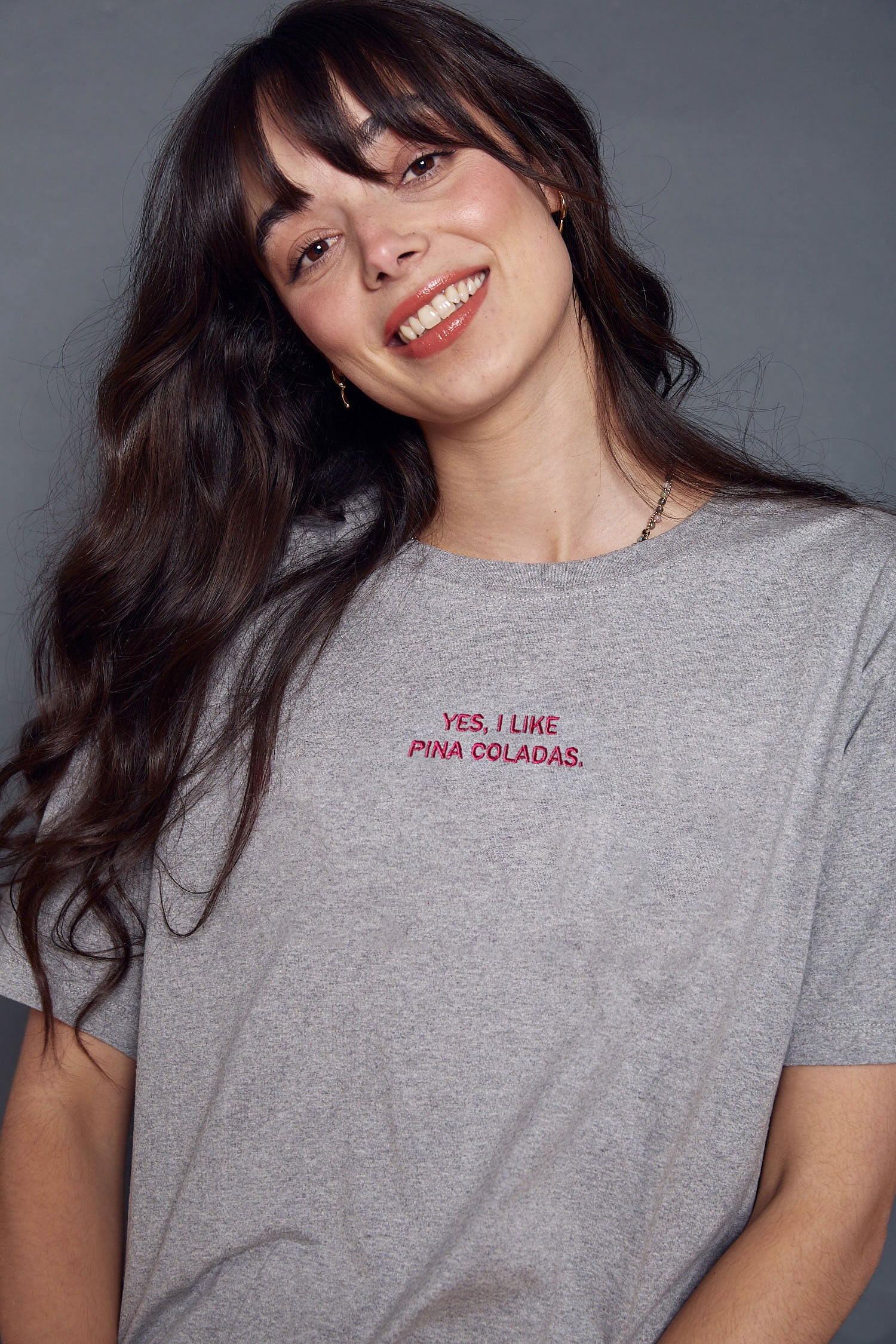 Embroidered Slogan 'Yes I Like Pina Coladas' T-Shirt in Grey by Rock On Ruby